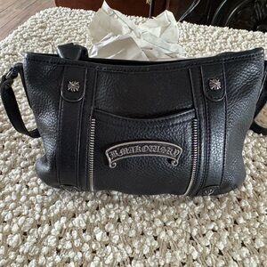 B.Markowski Black Leather Handbag with Silver Accents & shoulder strap